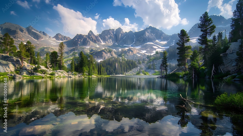 A pristine alpine lake surrounded by towering pine trees, with snow-capped mountains reflecting in the crystal-clear water.