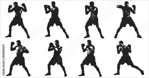 Black silhouettes of boxing, Silhouette of male boxing player, Boxing fighter silhouette,  Boxing silhouette set, Silhouette of black boxers, Boxer men black icon, Men boxer silhouette, Boxing, Boxer