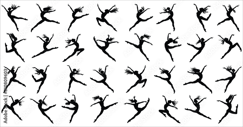 Silhouette of woman jumping dancer, Silhouette of ballet dancers set, Ballet dancer silhouettes, Silhouette of a ballet dancer dancing in various poses, Female ballet dancing, Dancing, Women, Beauty Silhouette of woman jumping dancer, Silhouette of ballet dancers set, Ballet dancer silhouettes, Silhouette of a ballet dancer dancing in various poses, Female ballet dancing, Dancing, Women, Beauty