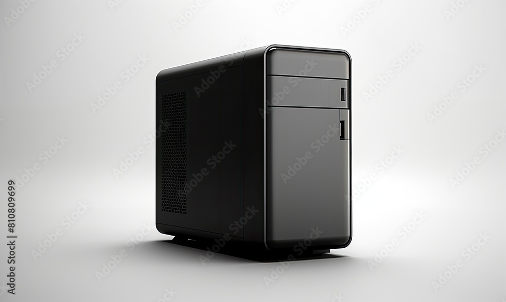 Naklejka premium Tech Essential: Sleek Black Computer Power Supply Unit with Cooling Fan