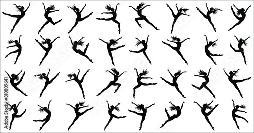 Silhouette of woman jumping dancer, Silhouette of ballet dancers set, Ballet dancer silhouettes, Silhouette of a ballet dancer dancing in various poses, Female ballet dancing, Dancing, Women, Beauty