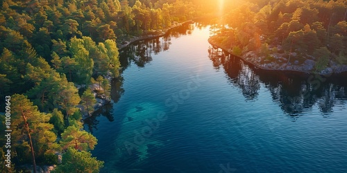 Aerial view of Lake coastline with forest along the coast at sunset
