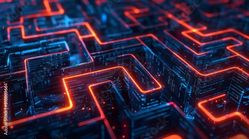 Complex Cybersecurity Maze in Neon Blue and Red