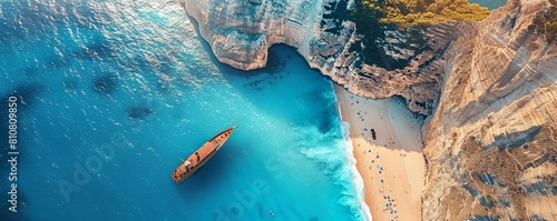 Aerial Drone view of the Navagio Shipwreck Beach, Zakynthos in Greece. photo