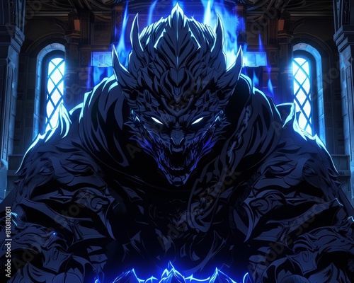 Dark anime villain in a shadowy throne room photo