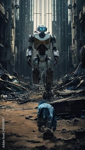 Wallpaper Mural Wounded robot transforming a kid into something else, a destroyed and devastated city after war with a robot fighter with a lost leg Generative AI Torontodigital.ca