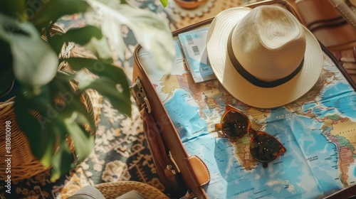 Valigia aperta con una mappa del mondo e occhiali da sole accanto ai biglietti aerei photo