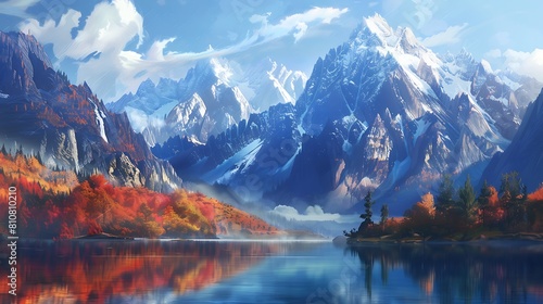 A serene lake nestled among towering mountains, reflecting the snow-capped peaks and vibrant autumn foliage.