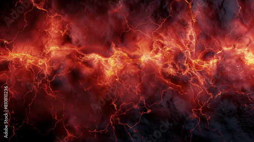 Halloween molten lava texture background. Burning fire coles concept of armageddon hell. Fiery lava and rock backdrop with atmospheric light, grunge glowing texture wide banner. photo