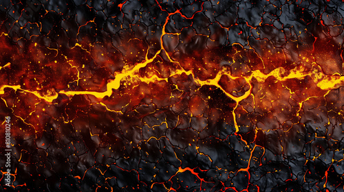 Halloween molten lava texture background. Burning fire coles concept of armageddon hell. Fiery lava and rock backdrop with atmospheric light, grunge glowing texture wide banner. photo