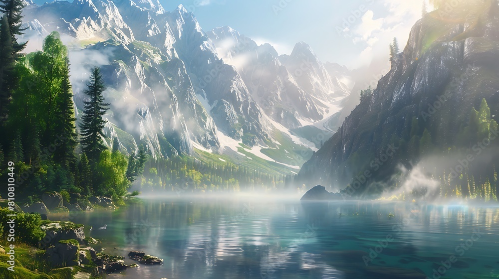 A serene mountain lake surrounded by towering peaks, with mist rising from the water's surface in the early morning light.