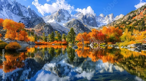 A serene lake nestled among towering mountains  reflecting the snow-capped peaks and vibrant autumn foliage.