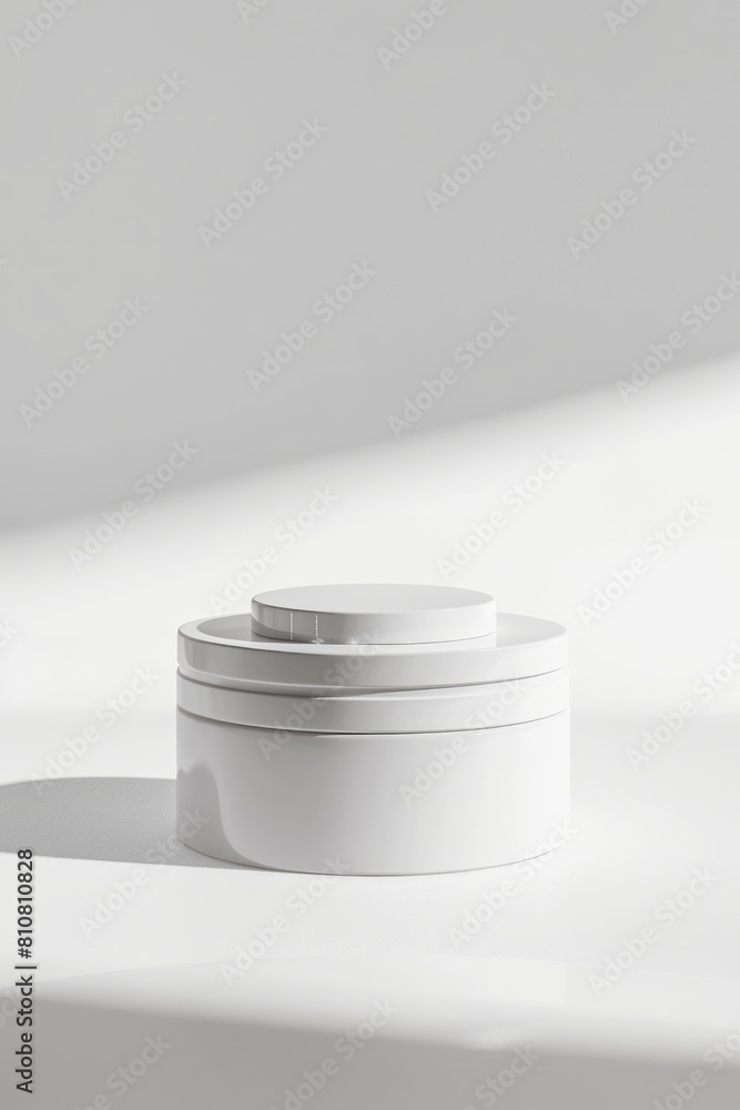 A clean, uncluttered image showcasing a white cosmetic cream jar on a circular pedestal in a subtly lit environment A clean, uncluttered image showcasing a white cosmetic cream jar on a circular pedestal in a subtly lit environment