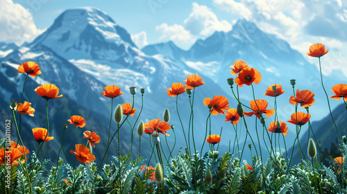 Mountainous backdrop with poppies symbolizing the peak sacrifices on Memorial Day.
