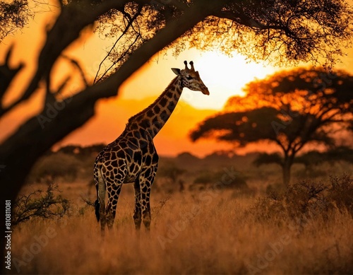 solitary giraffe grazing peacefully on acacia leaves against the backdrop of a vibrant African sun