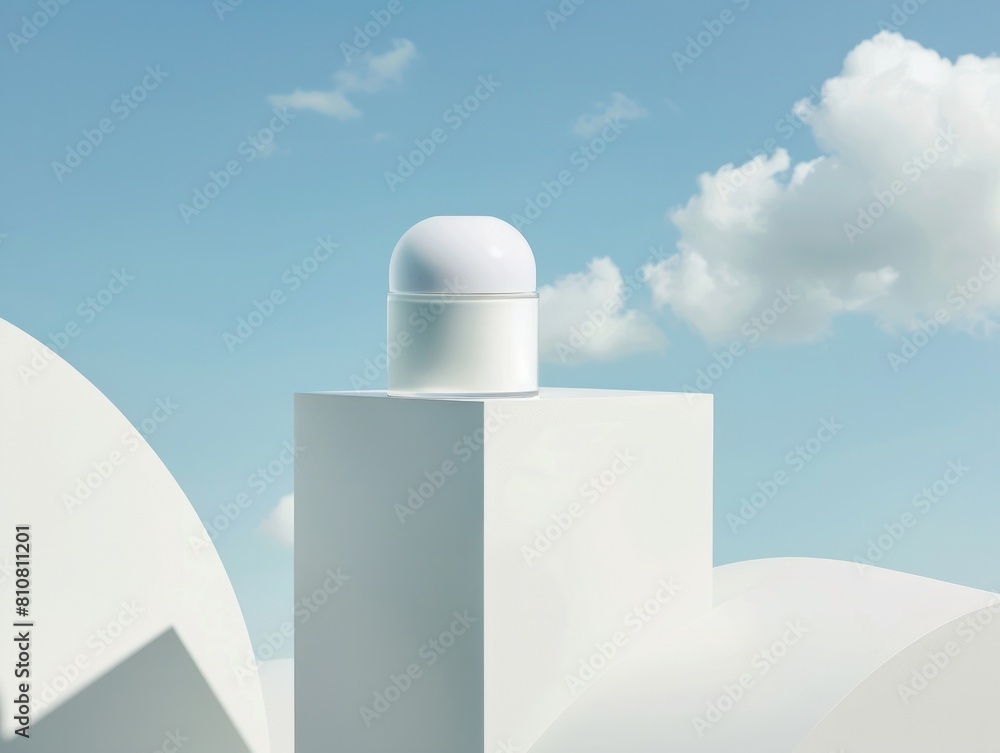 This image showcases a modernly designed deodorant or skincare stick set on a geometric plinth with soft sky backdrop This image showcases a modernly designed deodorant or skincare stick set on a geometric plinth with soft sky backdrop