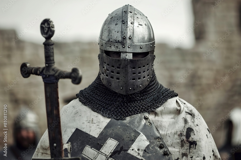 Close-Up of Teutonic Warrior Holding Sword and Wearing Helmet Close-Up of Teutonic Warrior Holding Sword and Wearing Helmet