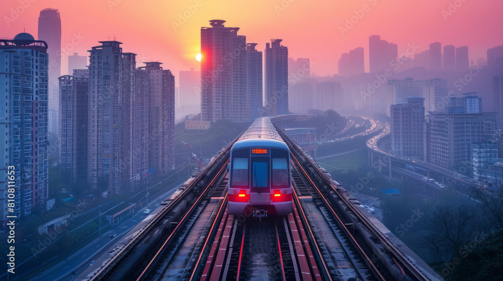 Sunrise view of a metro train traveling in Chongqing Sunrise view of a metro train traveling in Chongqing