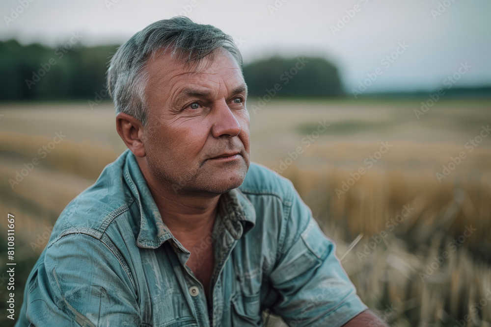 Middle-aged man reflecting on life in a wheat field Middle-aged man reflecting on life in a wheat field