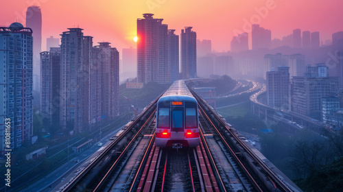 Sunrise view of a metro train traveling in Chongqing