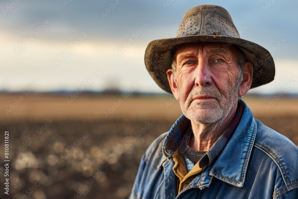 Middle-aged farmer with a weathered hat standing on farmland