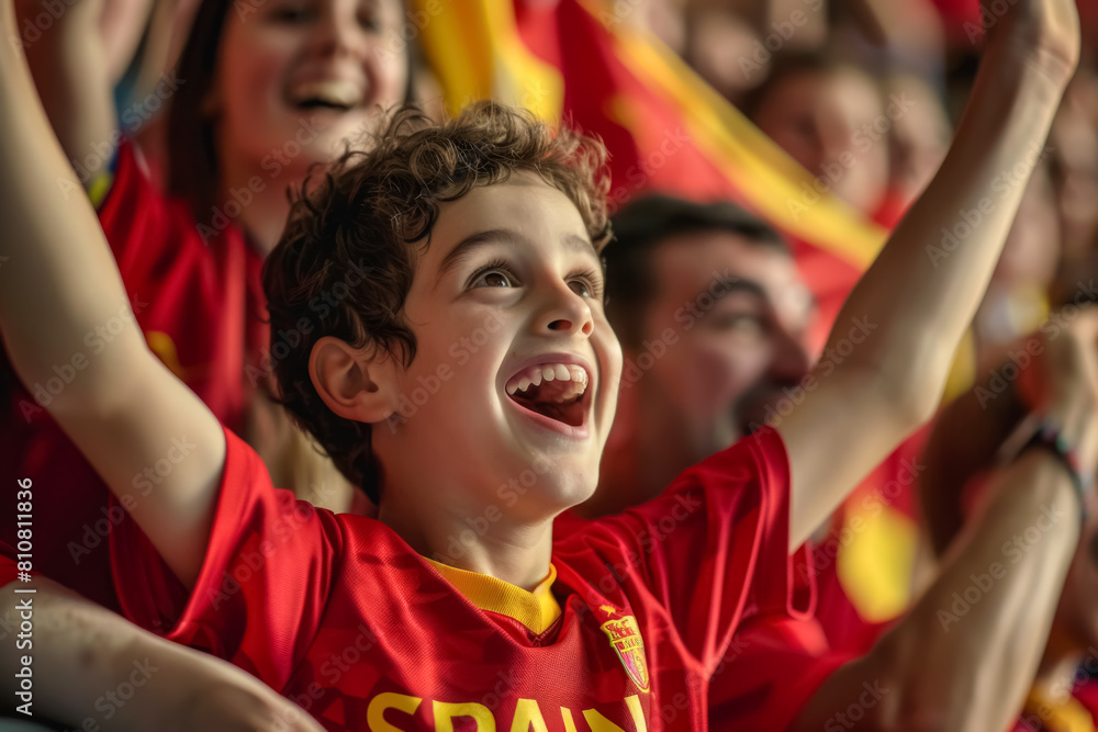 Spanish football soccer fans in a stadium supporting the national team, La Selección, La Furia Roja Spanish football soccer fans in a stadium supporting the national team, La Selección, La Furia Roja
