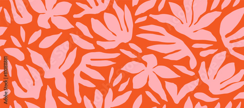 Hand drawn tropical seamless pattern, holiday and summer time, colorful style, natural ornaments for textile, fabric, wall art, wallpaper, poster and decor background.