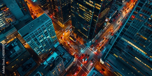 Aerial view of office buildings and traffic in downtown at night © Sanych