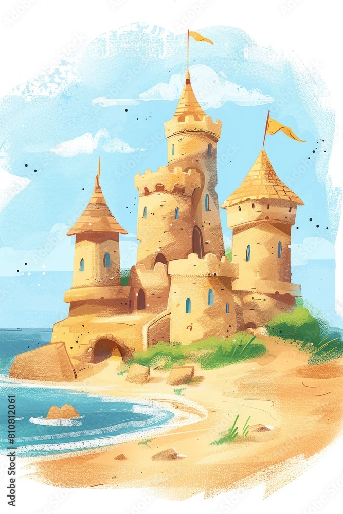Colorful Sand Castle Drawing with Ocean Background