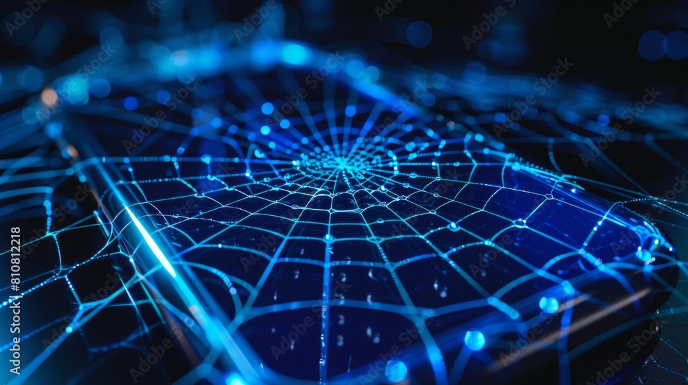 Blue Neon Spider Web Phone: Symbol of Digital Entrapment Blue Neon Spider Web Phone: Symbol of Digital Entrapment