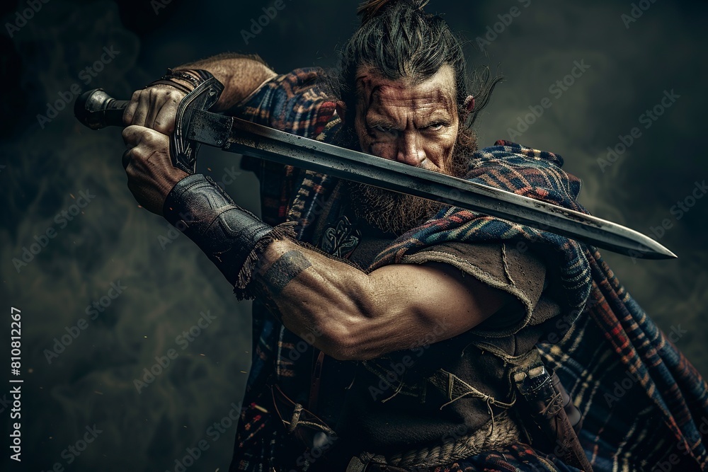 Fototapeta premium Scottish Highlander With Sword By Fire
