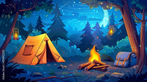 In this modern cartoon landscape, you can see a campsite, trees, a log and a bowler on fire in a summer camp in the forest. We provide equipment for hiking, camping, and outdoor activities. photo