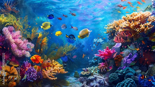 A vibrant coral reef teeming with marine life, with colorful fish darting among the coral formations in crystal-clear waters.