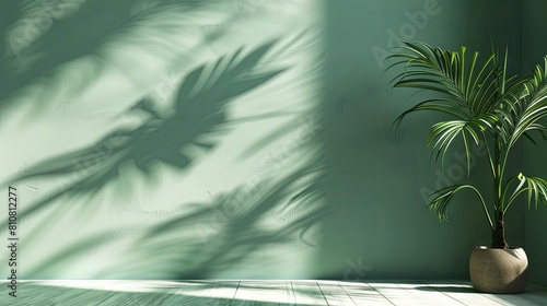 Modern  minimal blank matte paint texture green wall with tropical tree in sunlight