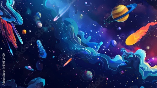 Galaxy travel cartoon landing page with planets in outer space. Cosmos and Universe exploration adventure  scientific trip  futuristic fantasy modern banner.