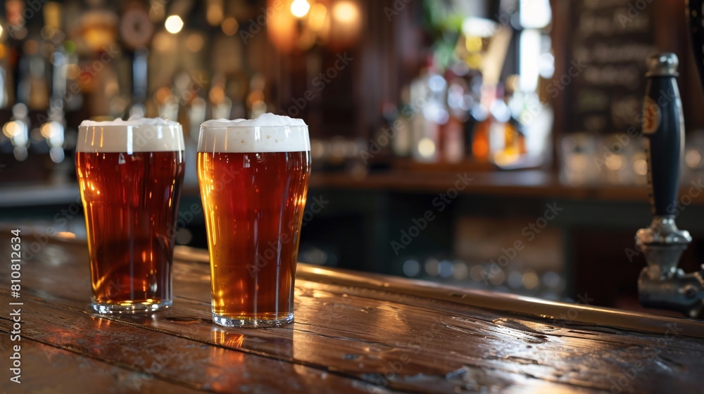 Close up of two pints of beer placed on the wooden bar counter against pub interior on background Close up of two pints of beer placed on the wooden bar counter against pub interior on background