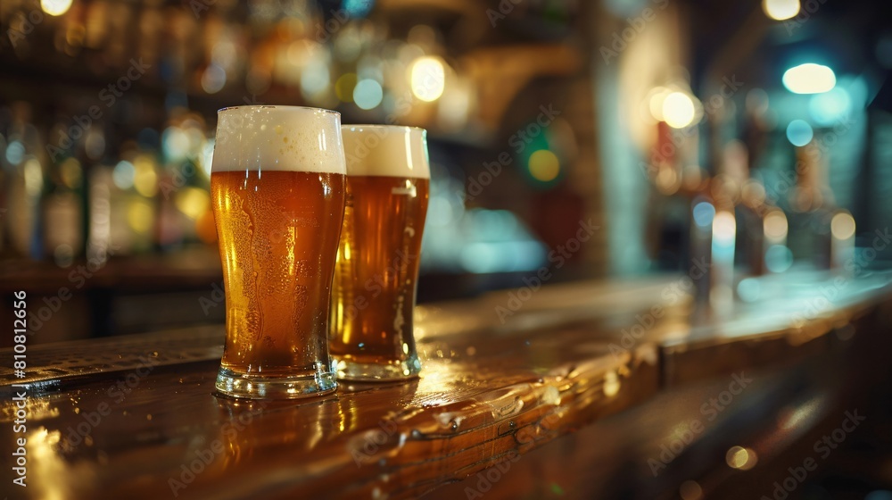Close up of two pints of beer placed on the wooden bar counter against pub interior on background Close up of two pints of beer placed on the wooden bar counter against pub interior on background