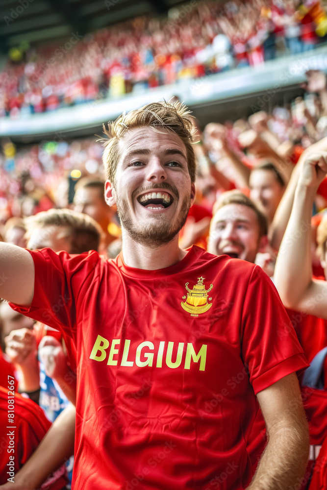 Belgian football soccer fans in a stadium supporting the national team, Rode Duivels, Diables Rouges Belgian football soccer fans in a stadium supporting the national team, Rode Duivels, Diables Rouges