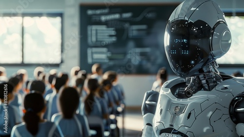 Scena futuristica in cui un insegnante robot sostituisce un insegnante umano in classe, con gli alunni che lo ascoltano photo
