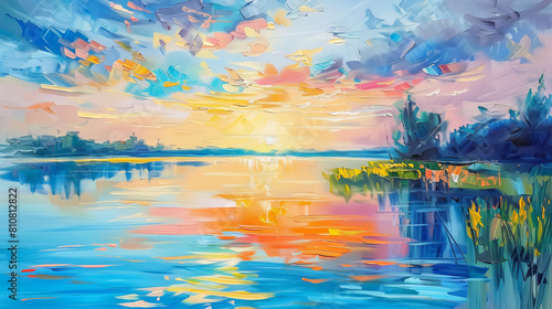 Vibrant oil painting of sunset over a serene lake