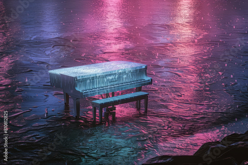 Surreal purple piano in a mystical frozen landscape photo