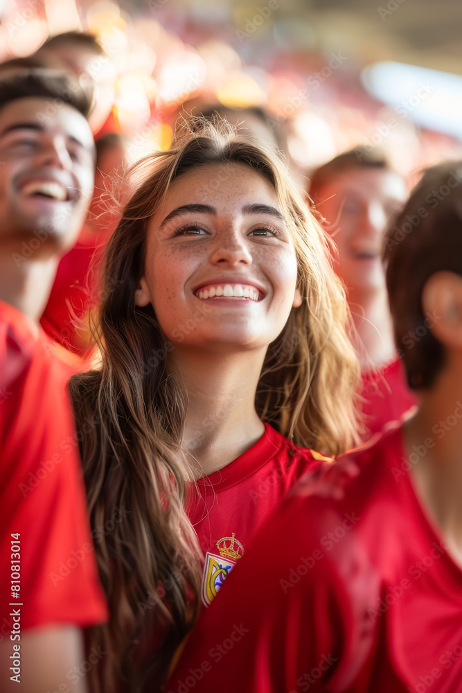 Spanish football soccer fans in a stadium supporting the national team, La Selección, La Furia Roja Spanish football soccer fans in a stadium supporting the national team, La Selección, La Furia Roja
