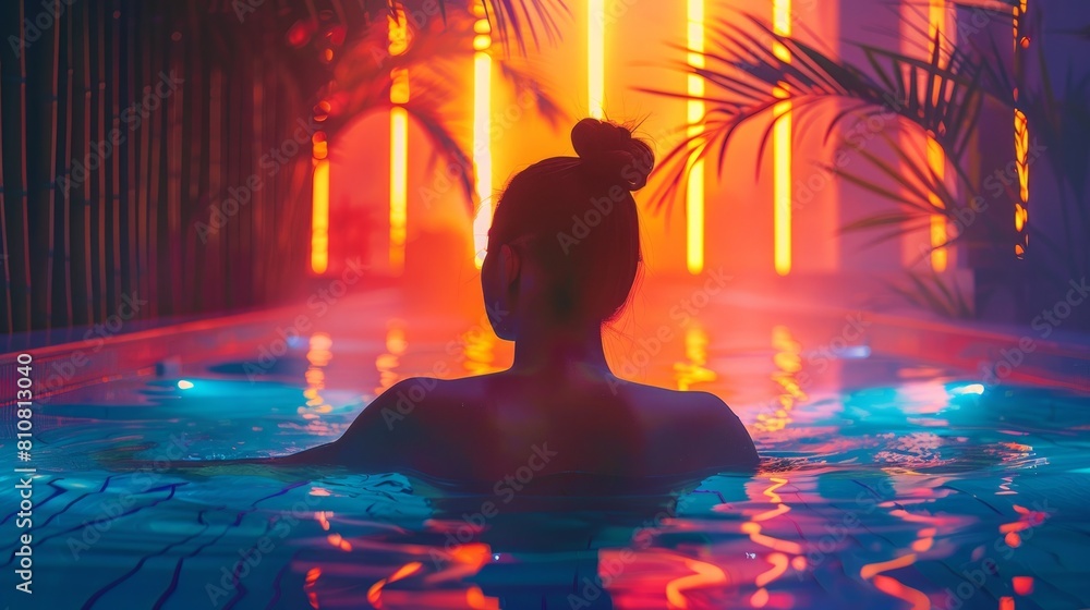 Mesmerizing view of a person peacefully immersed in an illuminated pool amidst tropical setting Mesmerizing view of a person peacefully immersed in an illuminated pool amidst tropical setting