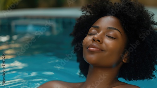 African American woman sitting in spa hotel pool with eyes closed enjoying her relax self-love time photo