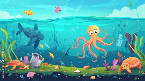 Unhappy octopus and turtle on dirty polluted bottom covered with garbage  cartoon banner with underwater animals and trash in sea. Modern illustration of a plastic ecological problem in water.