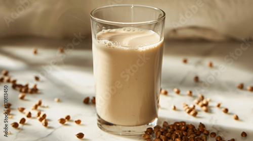 Glass of tasty buckwheat milk on light background