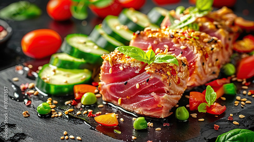 Perfectly seared tuna steak, sprinkled with sesame seeds, served alongside a variety of vibrant vegetables photo