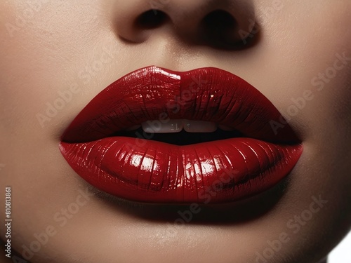 a close-up of lips with red lipstick, emphasizing beauty, glamour, and makeup artistry with a shiny texture