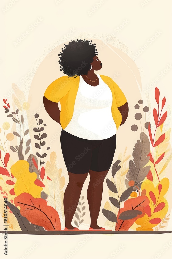 Happy Plus Size Woman in Autumn Setting - Seasonal Joy Concept Art