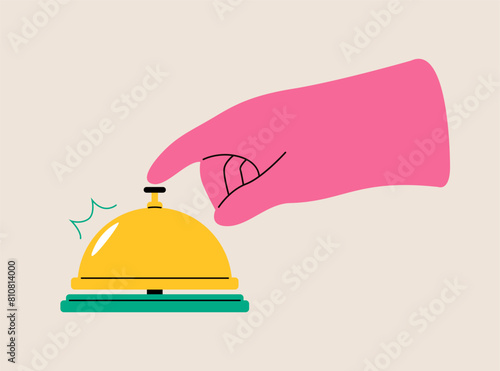 Hand pressing bell. Colorful vector illustration